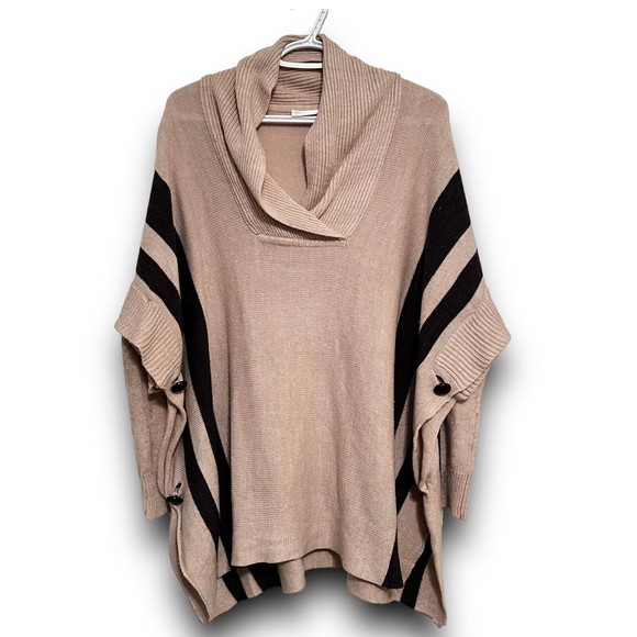 RD Style Sweaters - RD Style Tan Black Button Side Calandri Poncho Sweater Long Sleeve Cowl Neck Sm